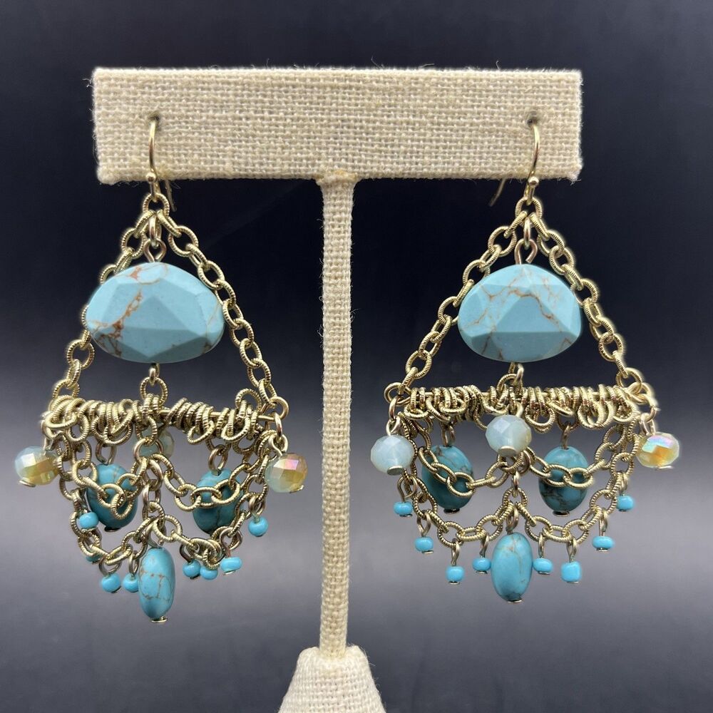 Boho Chandelier Dangle Earrings Turquoise Color Gemstone Gold Tone Festoon Bold
